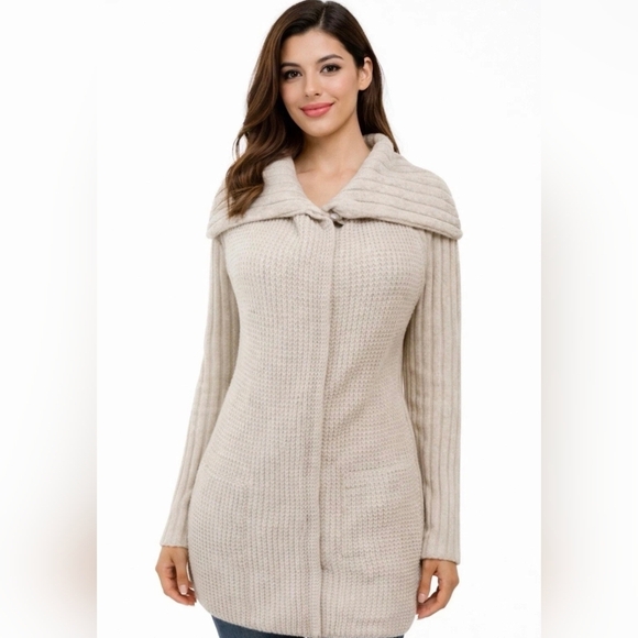 Prana Sweaters - Prana Women’s Ivory Ribbed Knit Yunna Cardigan Oversize Medium Zipper Shawl Neck